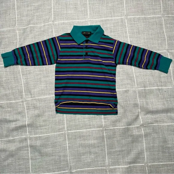 Gymboree Rainbow Tag Vintage 90s Rugby‎ Polo Stripes Teal Long Sleeve Boys - Picture 3 of 10